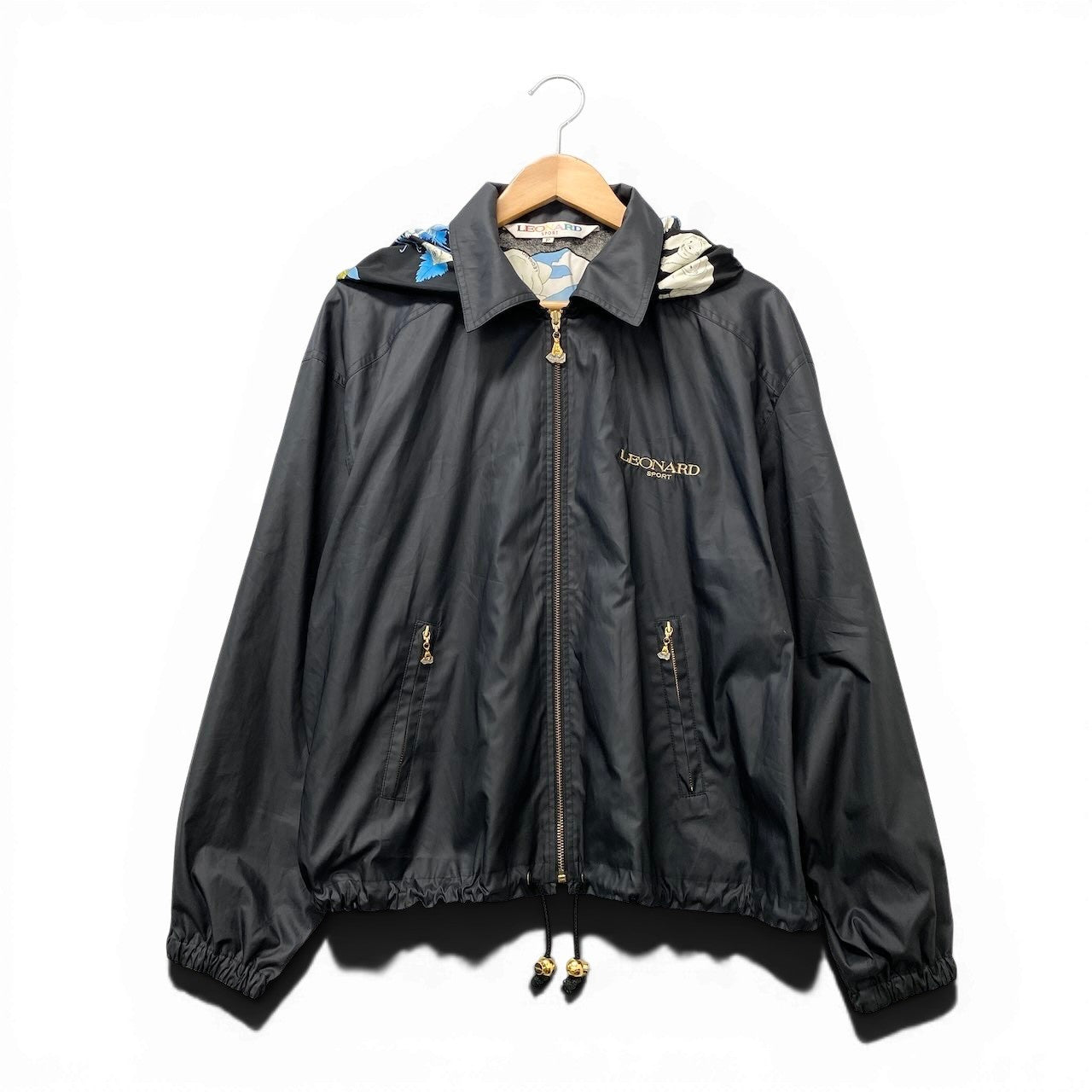 14f17 LEONARD SPORT レオナールスポーツ ナイロンパーカー 2way ジャケット 裏地花柄 シロクマ サイズfree ブラック レディース 女性用u02t