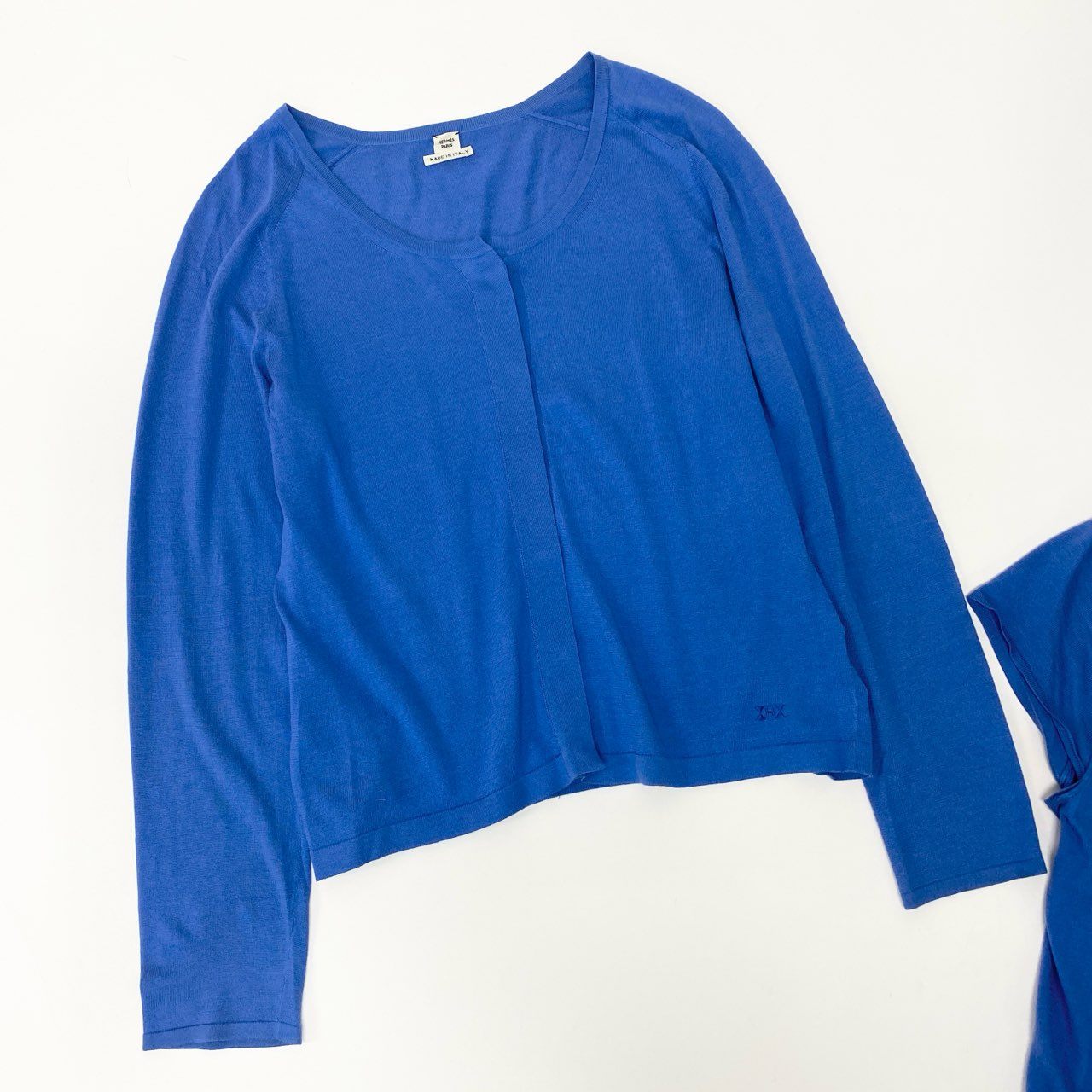 Ea29 HERMES エルメス アンサンブル 長袖カーディガン 半袖ニット 刺繍 イタリア製 40サイズ ブルー レディース 女性用o07t