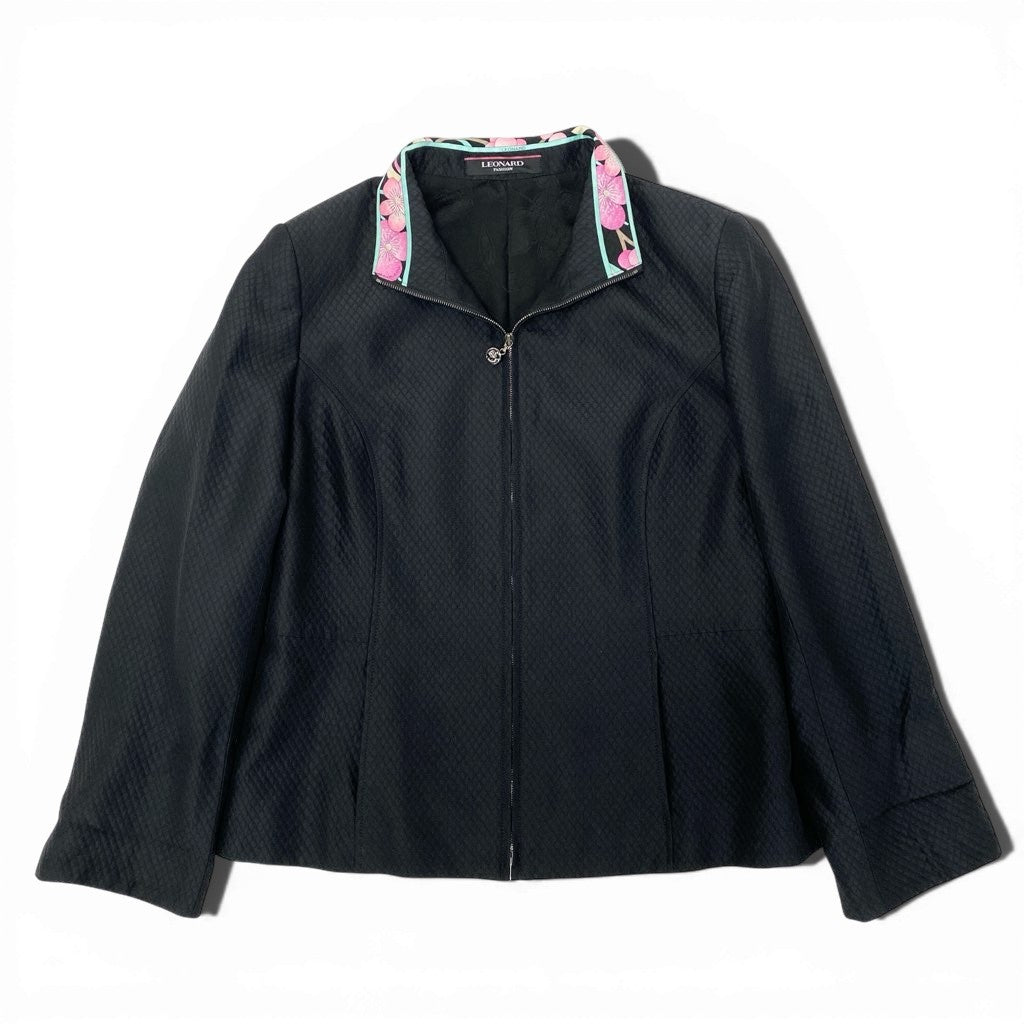 63a12 LEONARD FASHION レオナール フルジップ ジャケット ロングスリーブ 美しい花柄プリント〇 裏地花柄 レディース 42 ブラック シルク ウールo07t