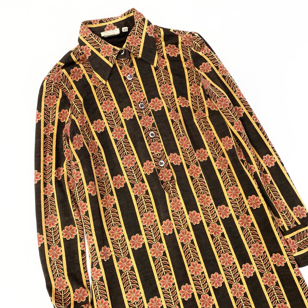 Aa15 【Vintage 70'S】CELINE ヴィンテージ セリーヌ 1970年代 総柄ニットワンピース 襟付きワンピース サイズ42 ブラウン系 レディース 女性用k02i