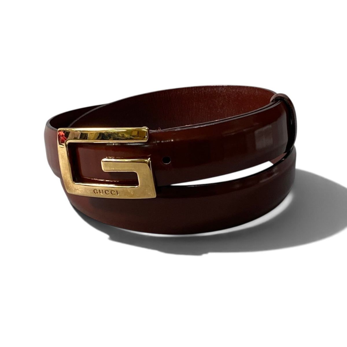 i10 GUCCI グッチ ロゴ金具 レザーベルト 80 ブラウン レザー レディースu02t