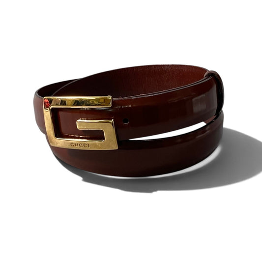 i10 GUCCI グッチ ロゴ金具 レザーベルト 80 ブラウン レザー レディースu02t