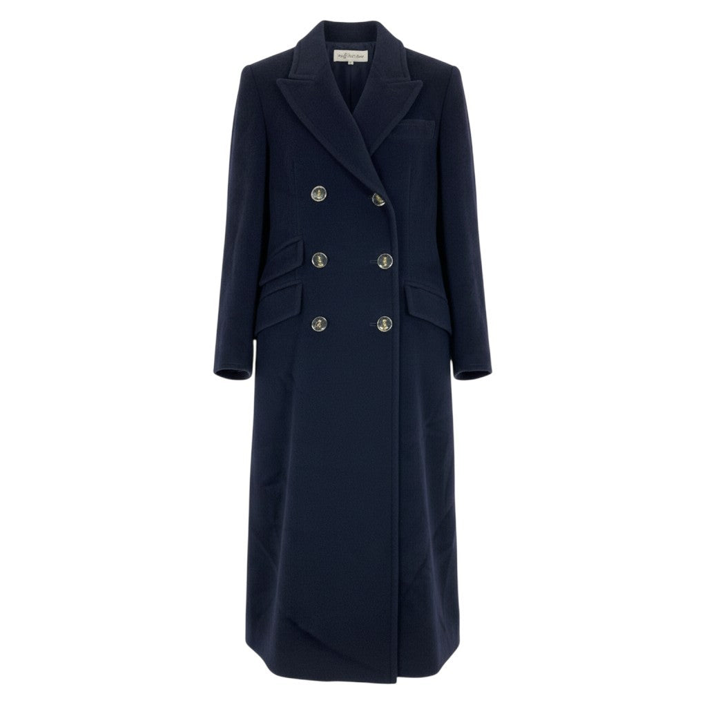 i19 YVES SAINT LAURENT ダブルブレストチェスターコート YSLロゴボタン ロングコート 36サイズ ダークネイビー ウール100％ レディース 女性用u02t