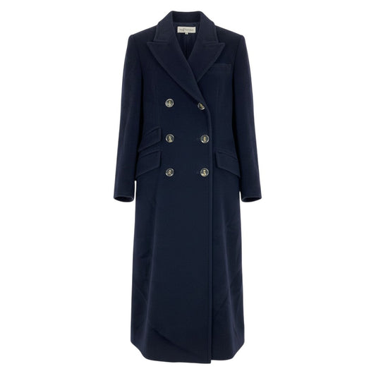 i19 YVES SAINT LAURENT ダブルブレストチェスターコート YSLロゴボタン ロングコート 36サイズ ダークネイビー ウール100％ レディース 女性用u02t