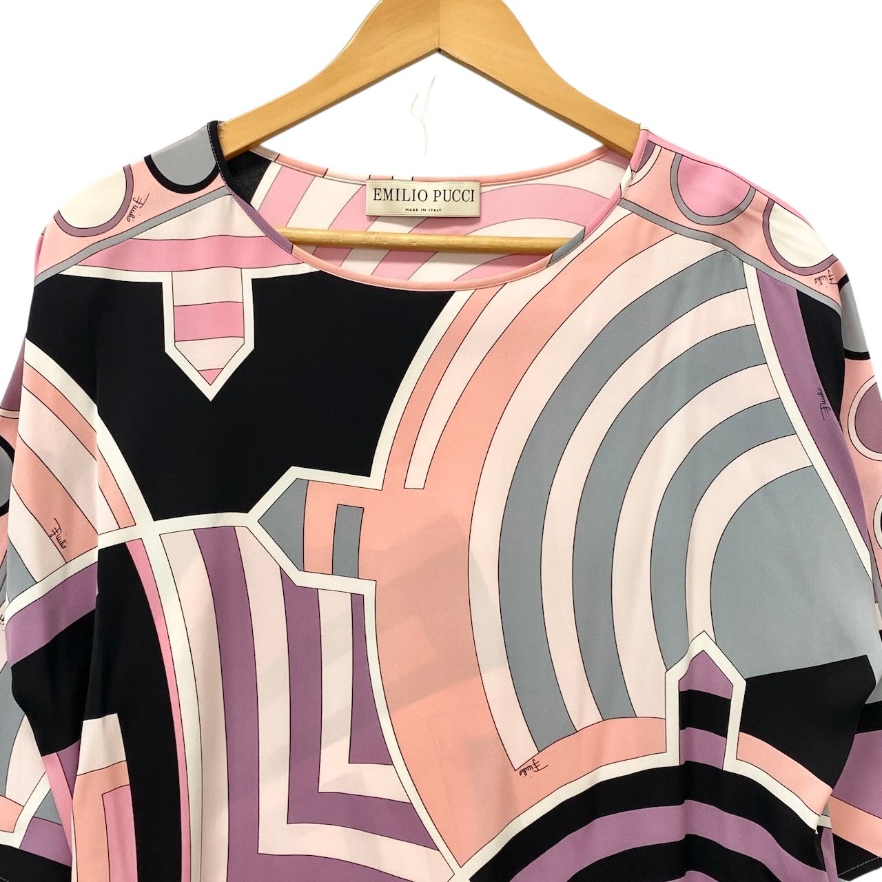 34e16 EMILIO PUCCI エミリオプッチ シルクチュニックワンピース  ブロックプリント 五分袖 イタリア製 38サイズ ピンク系 レディース 女性用u02t