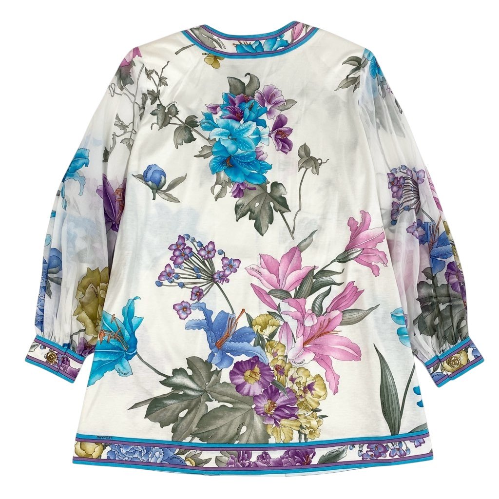 13l27【未使用品】LEONARD レオナール ノーカラージャケット 美しい花柄プリント 袖シアー素材 チュニック丈 Mサイズ ホワイト レディースk02i