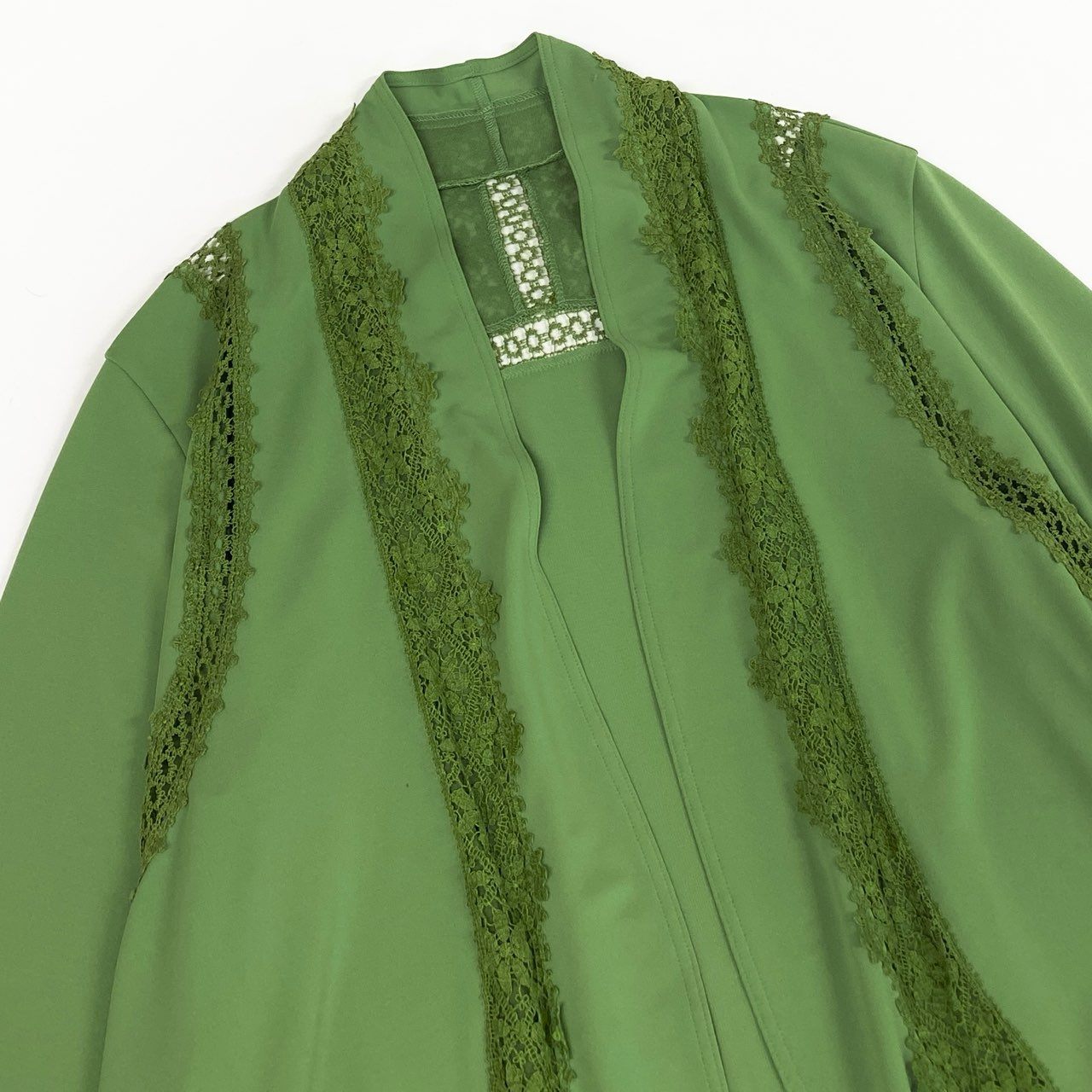 52b27 TOKUKO 1er VOL トクコプルミエヴォル ロングカーディガン 長袖 レース装飾 レディース 女性服 サイズ9 グリーンu02t