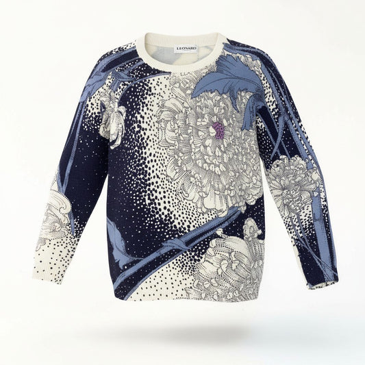 35d12 LEONARD PARIS レオナール ロングスリーブ ニットセーター ウールニット 花柄モチーフ イタリア製 サイズL パープル オフホワイト ウール100％ レディース 女性用u02t