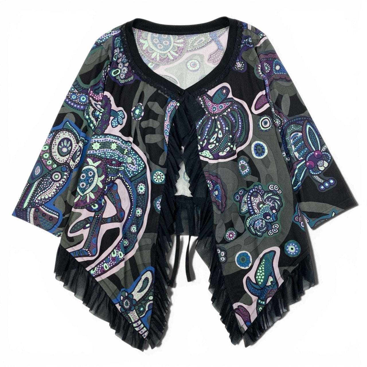 51b27 【美品】 TOKUKO 1er VOLトクコプルミエヴォル ロングスリーブ カーディガン トップス 七分袖 フリル 総柄プリント レディース 女性服 サイズ9 マルチカラーu02t