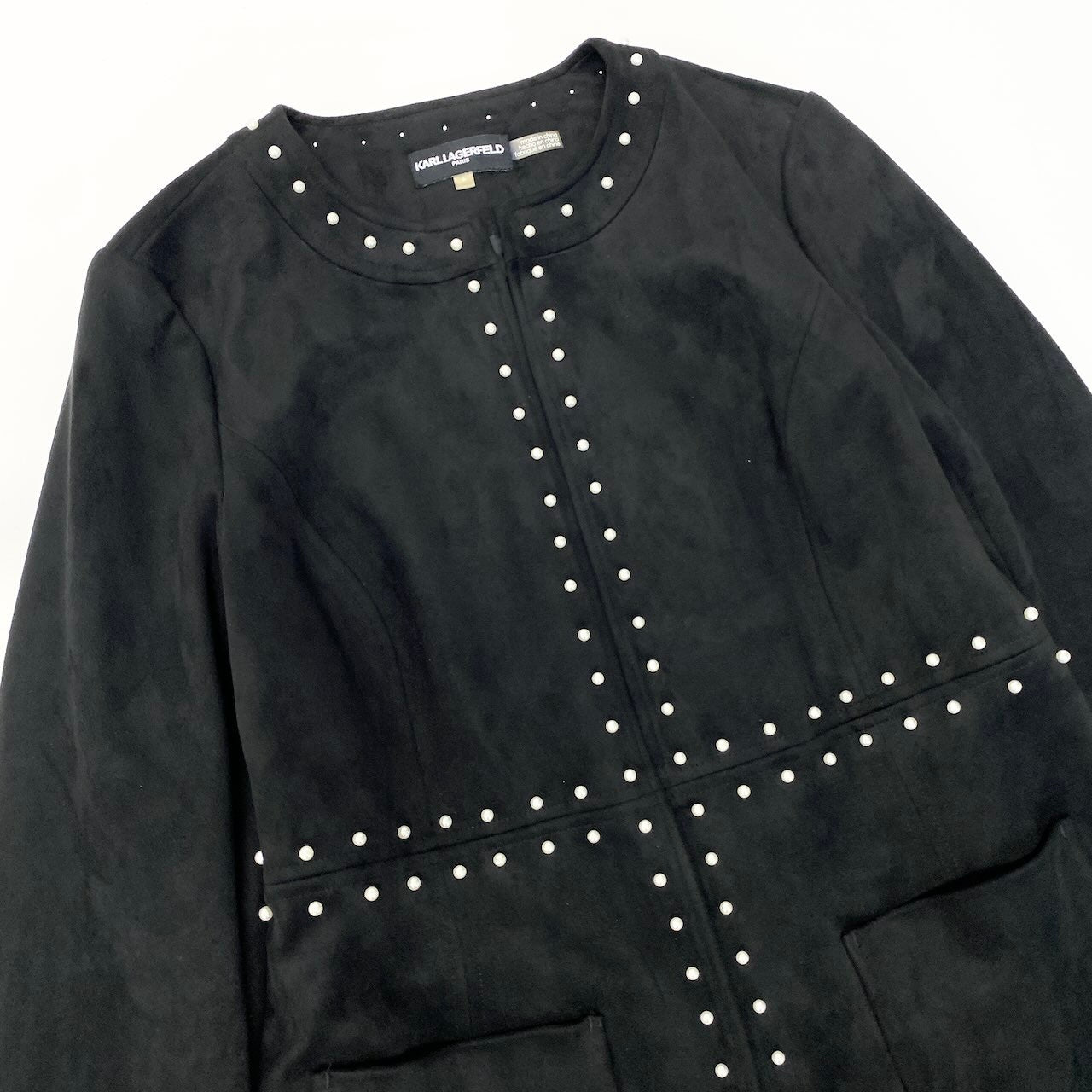 71e8 KARL LAGERFELD PARIS カール ラガーフェルド パリ ノーカラースウェードコート パール装飾 サイズ6 ブラック レディース 女性用u02t