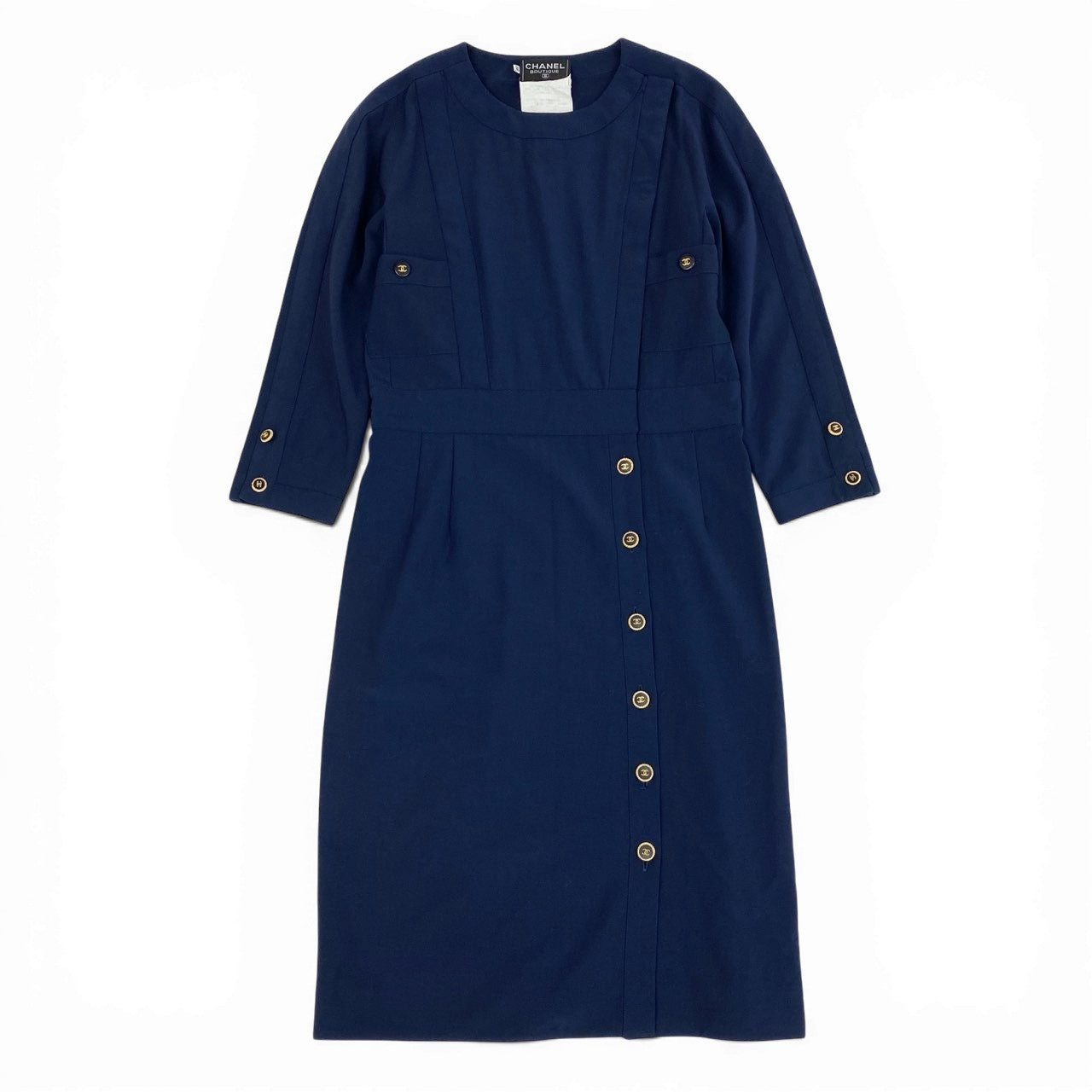 Ca15 【archive】CHANEL ヴィンテージ シャネル 1991年 ランウェイ ココマークボタン ワンピース 長袖ワンピース サイズ38 ネイビー ウール100 レディースta1