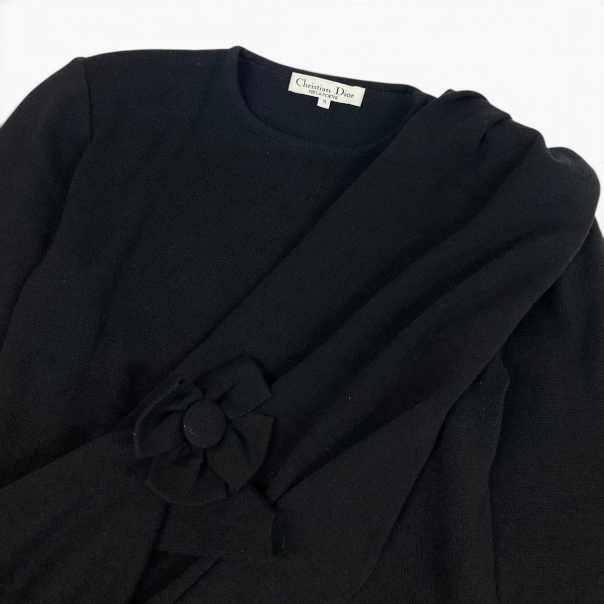 i21 Christian Dior ロングスリーブニットセーター リボンディテール Mサイズ ブラック ウール100％ レディース 女性用u02t