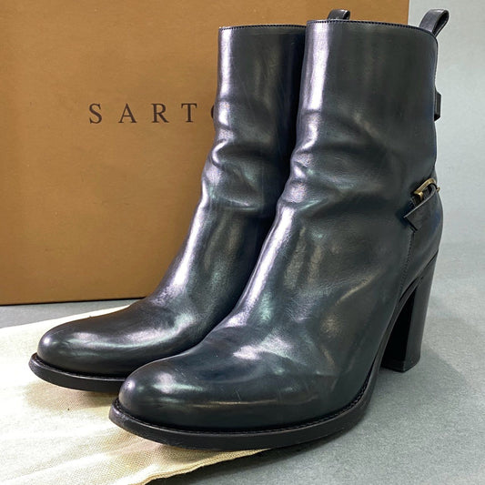7d21 SARTORE サルトル バックストラップ ショートブーツ 35 1/2 ブラック レザー ブーティ シューズ イタリア製