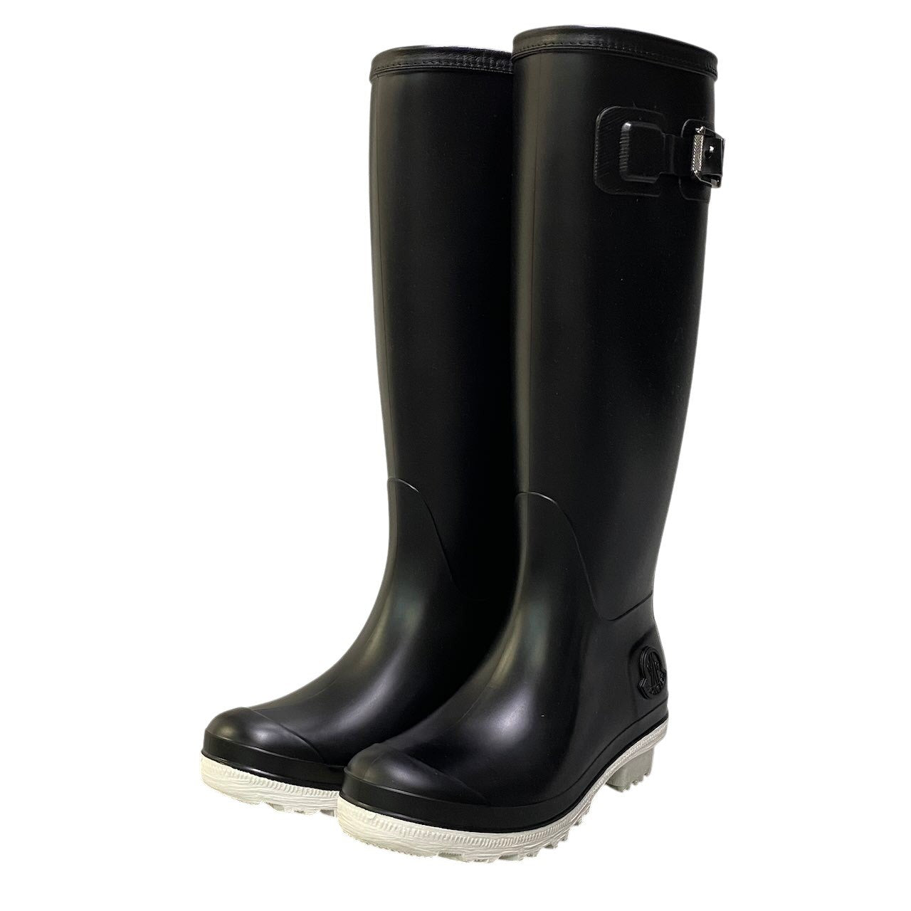 4e18 MONCLER モンクレール ベルテッド エンボスロゴ レインシューズ 長靴 イタリア製 36サイズ ブラック ホワイト レディース 女性用k02i