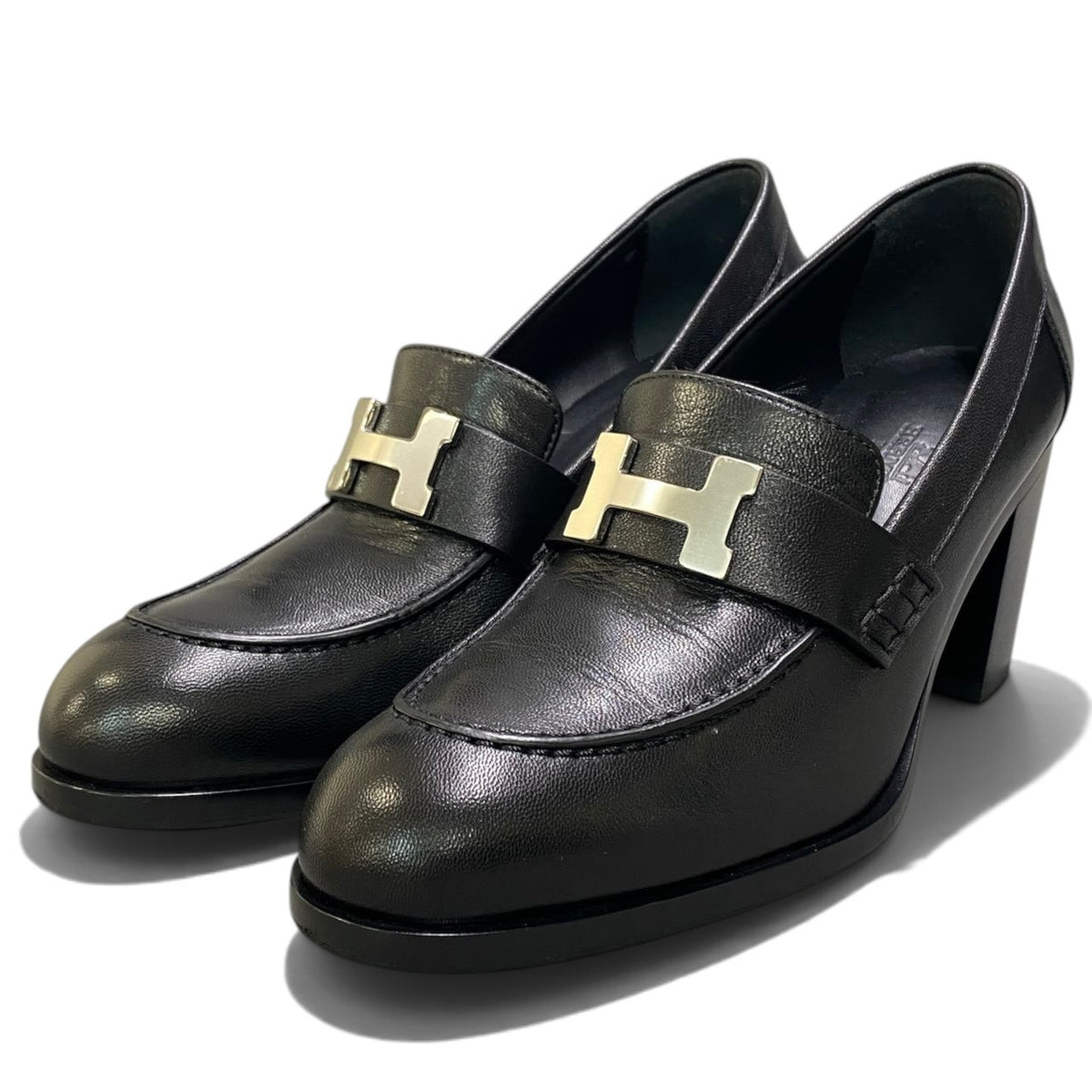 i8 【極美品】 Hermès エルメス モカシン ドーフィン ヒールローファー H金具 サイズ38 ブラック レザー レディースk02i