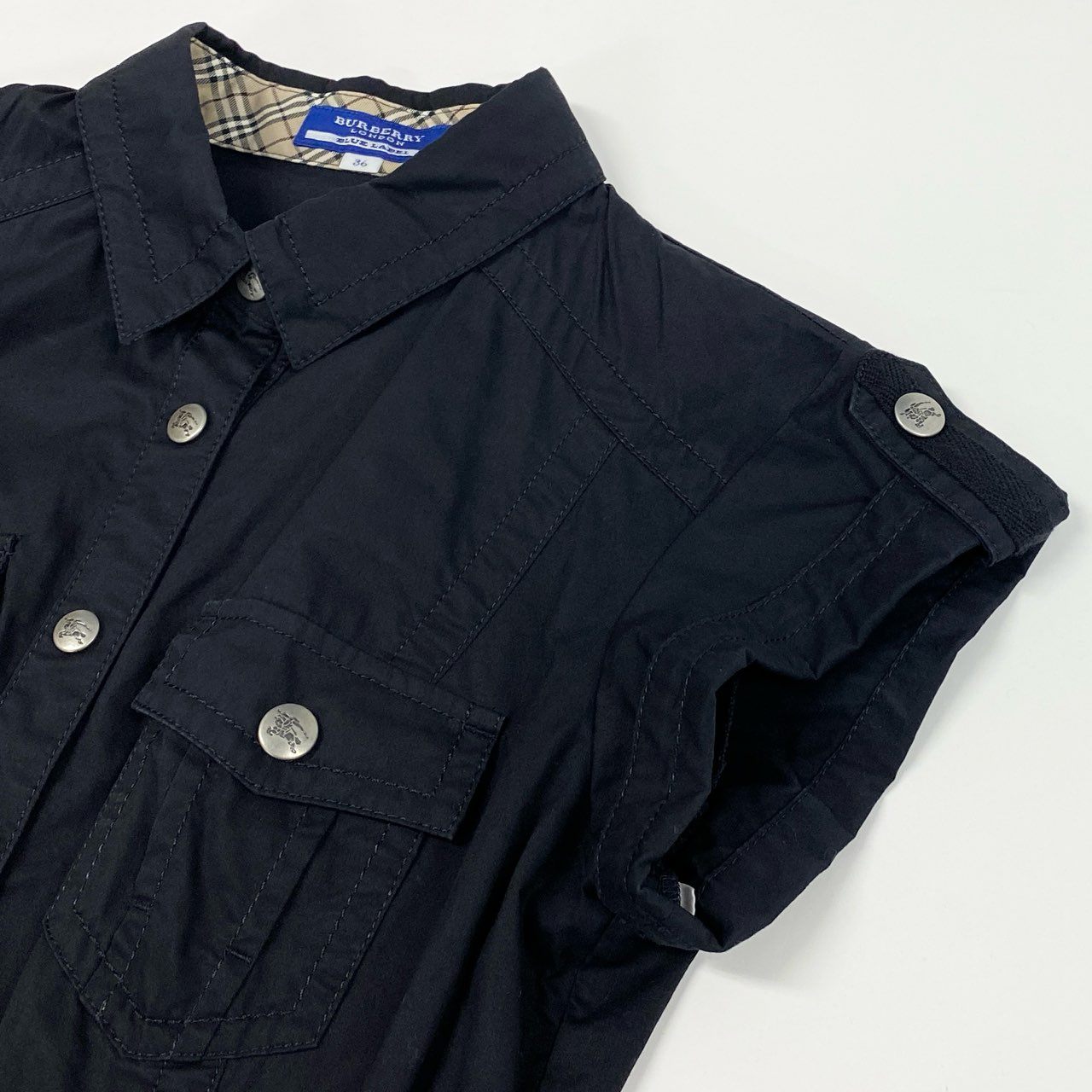 Ab9 BURBERRY BLUE LABEL バーバリー ブルーレーベル Aライン ベルテッド ワンピース ノバチェック 半袖 ホースボタン 36 ネイビー レディースk02i