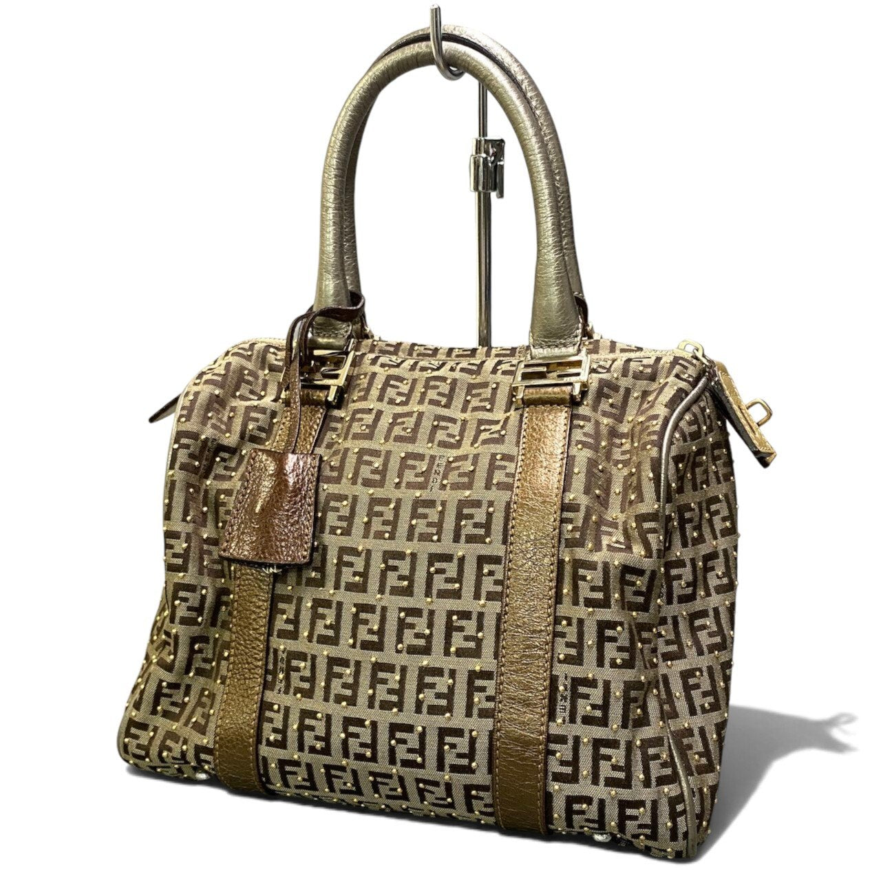 h29 FENDI ズッキーノ スタッズ ボストンバッグ ブラウン ベージュ レディース 女性用ta1
