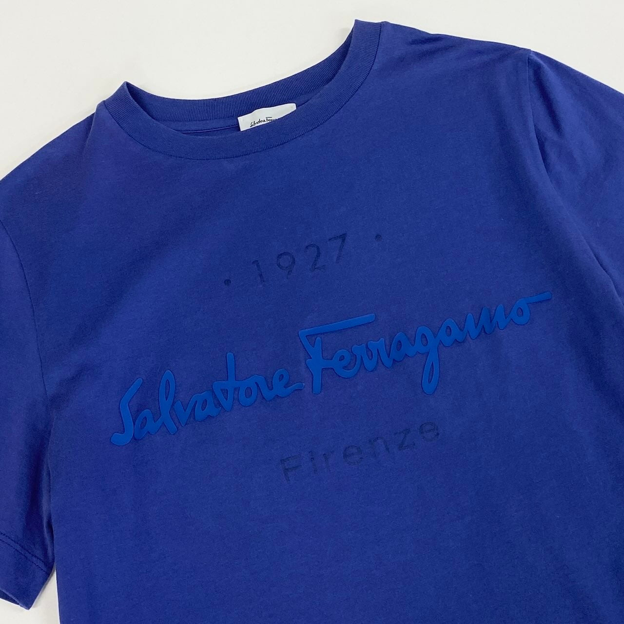 Ic27 Salvatore Ferragamo サルヴァトーレフェラガモ ブランドロゴTシャツ 半袖Tシャツ  コットンシャツ トップス イタリア製 Sサイズ ブルー コットン100％ レディース 女性用u02t