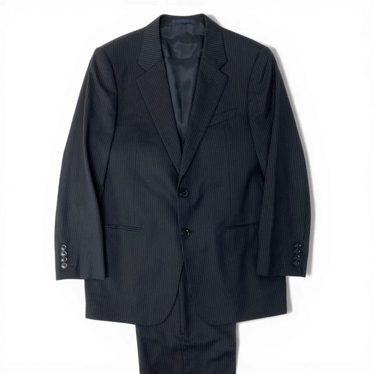 57d5 ARMANI COLLEZIONI アルマーニ コレツィオー二 シングルスーツセットアップ  テーラードジャケット スラックス ストライプ 52サイズ ブラック ウール100％ メンズ 男性用o07t