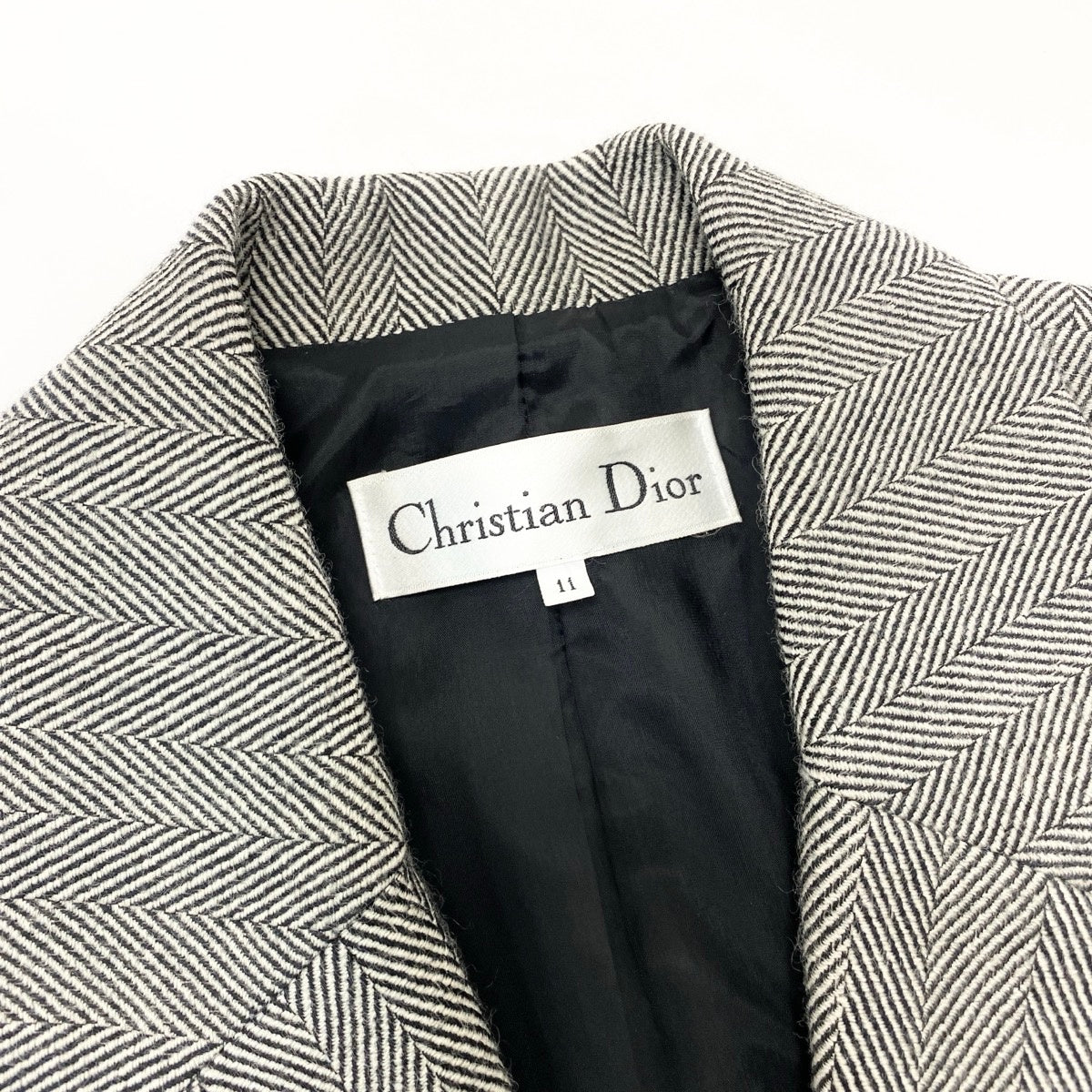 81e27  Christian Dior クリスチャンディオール セットアップ スカートスーツ ヘリンボーン柄 テーラードジャケット 膝丈スカート サイズ11 ブラック ホワイト レディース 女性服u02t