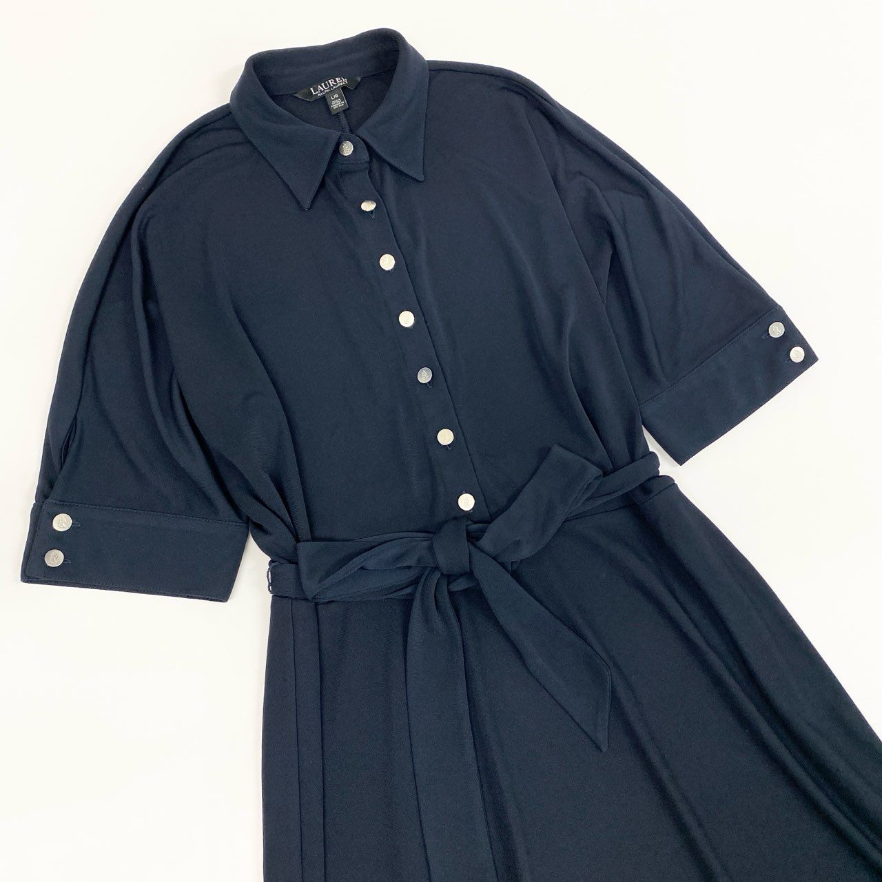 31b11 LAUREN RAIPH LAUREN ローレンラルフローレン 半袖ロングワンピース フレアワンピース ウエストリボン ロゴボタン Lサイズ ダークネイビー レディースo07t