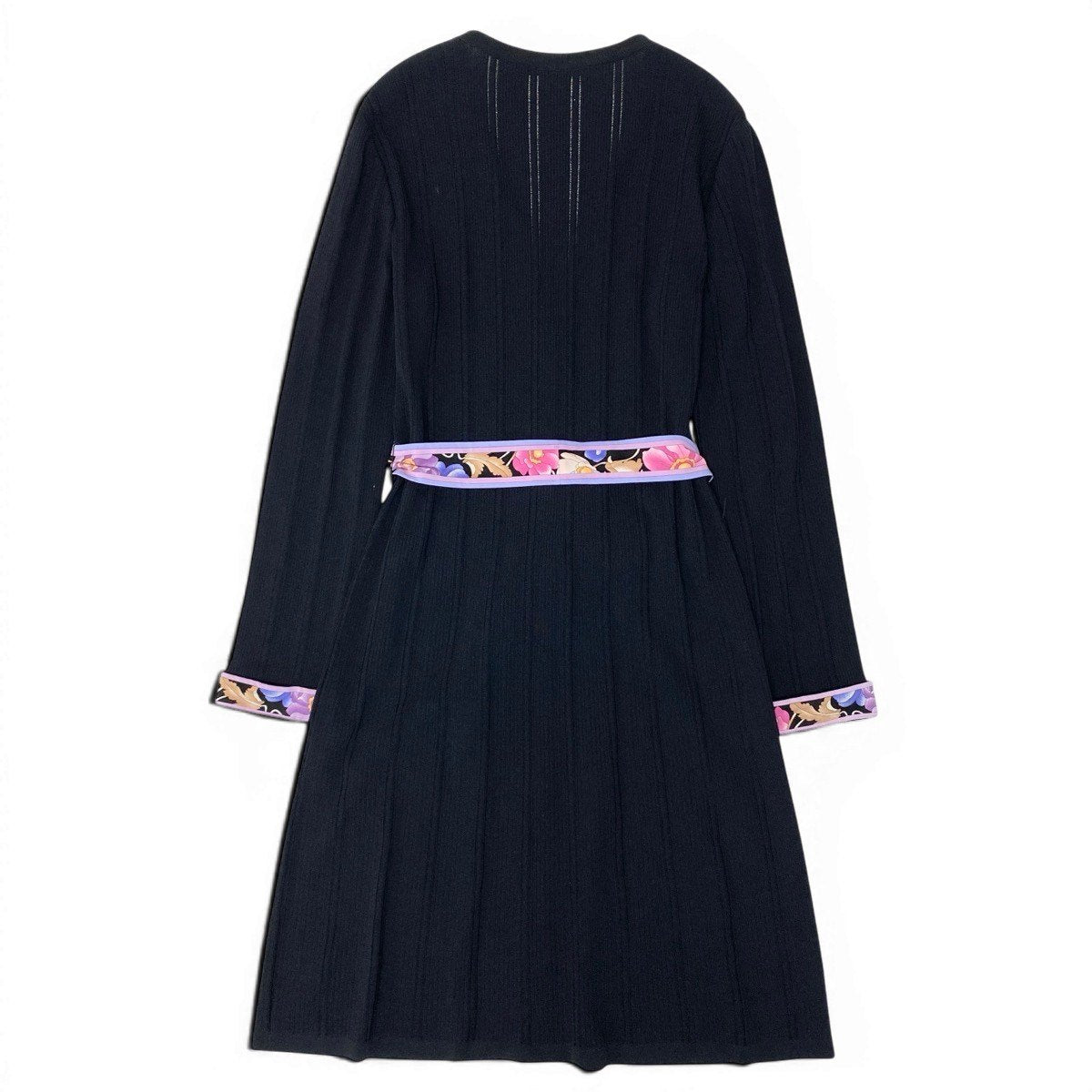 81e19 【美品】 LEONARD FASHION レオナール ロング ニットカーディガン カンカン素材切替 リブニット 長袖 花柄プリント サイズ38 ブラック レディース 女性用u02t