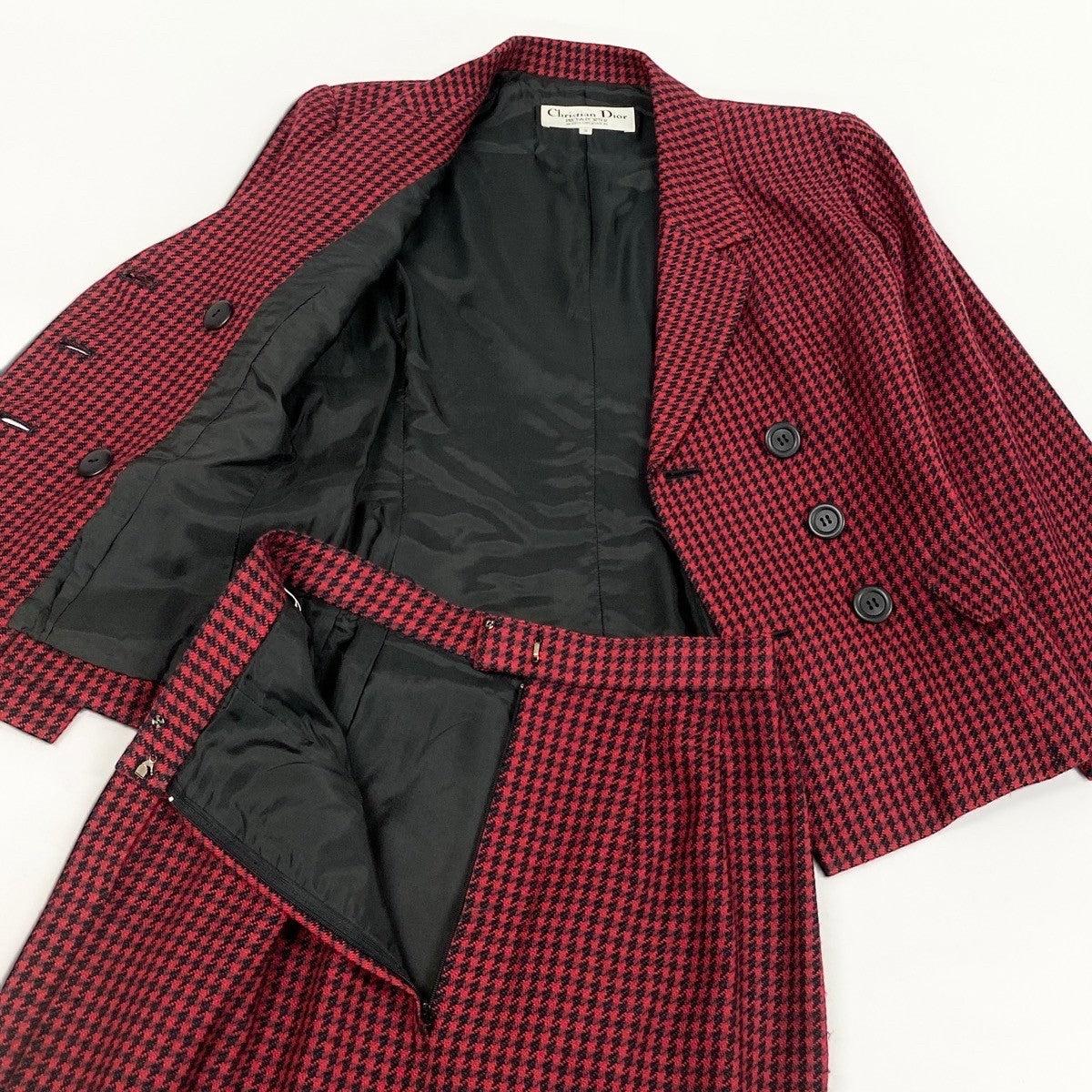 6i14 Christian Dior クリスチャンディオール スカートセットアップ テーラードジャケット スカート 千鳥格子 9サイズ レッド ブラック レディース 女性用u02t