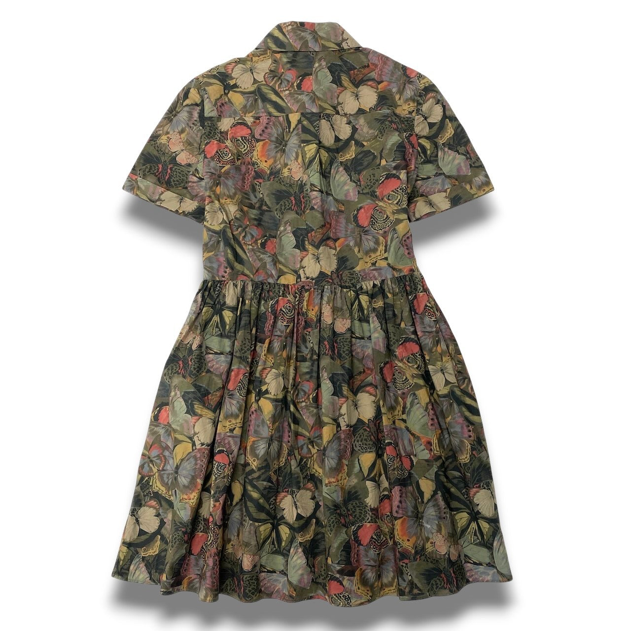 57c10 《美品》 VALENTINO ヴァレンティノ 半袖シャツワンピース ウエスト切り替え フレアスカート 40 バタフライ柄 総柄 コットンu02t