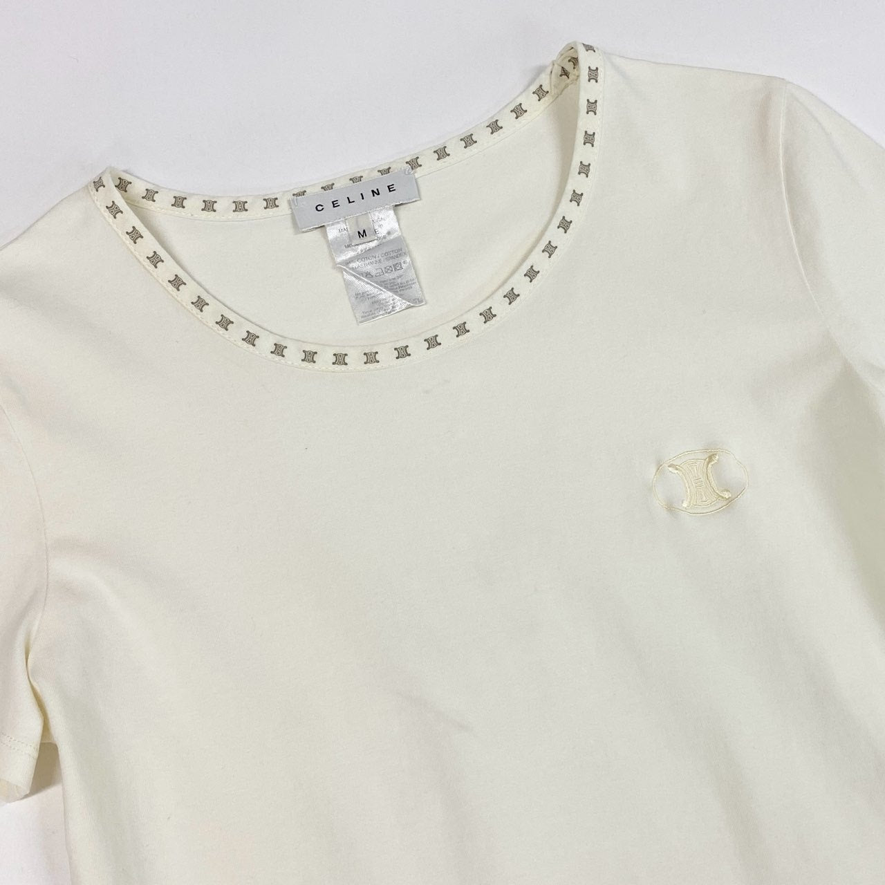 Ic2 CELINE セリーヌ トリオンフネック ロゴ 半袖Tシャツ カットソー M アイボリー コットン レディースu02t
