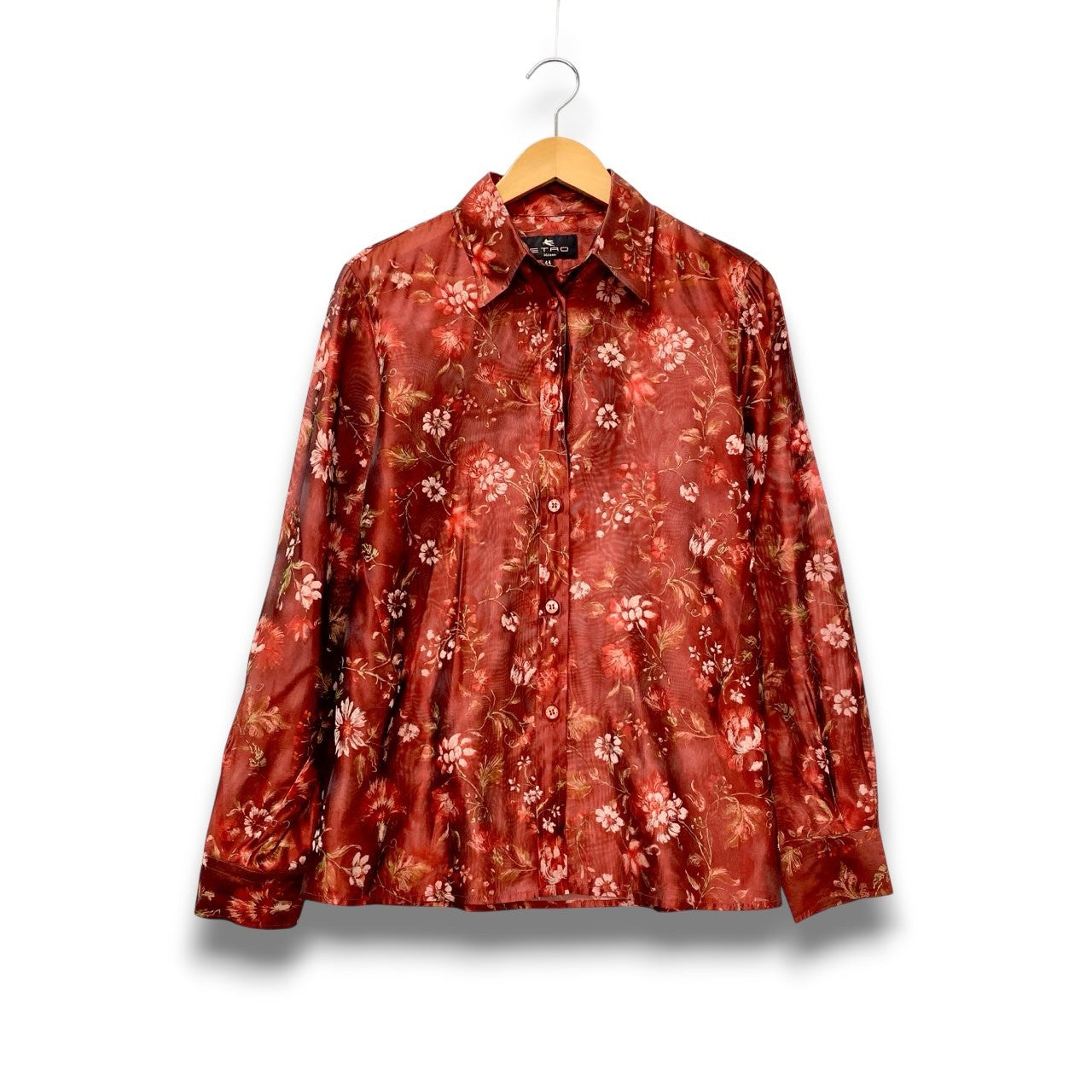 45c6 ETRO エトロ シアーシャツ フラワープリント 花柄 ロングスリーブ シルク混紡 レディース 女性服 サイズ44 レッド系u02t