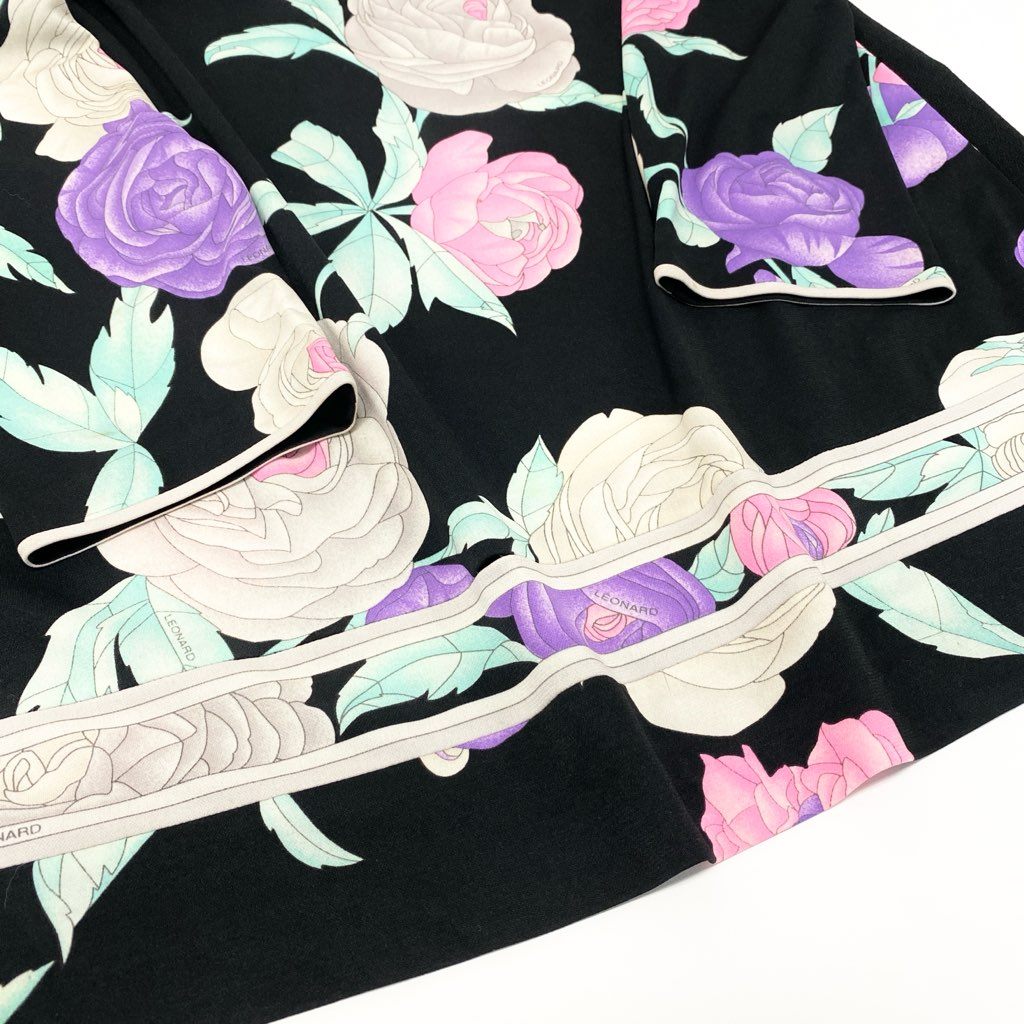 6l25 LEONARD レオナール カンカン素材 ロングワンピース ７分袖 美しい花柄プリント 40 マルチカラー レディースu02t