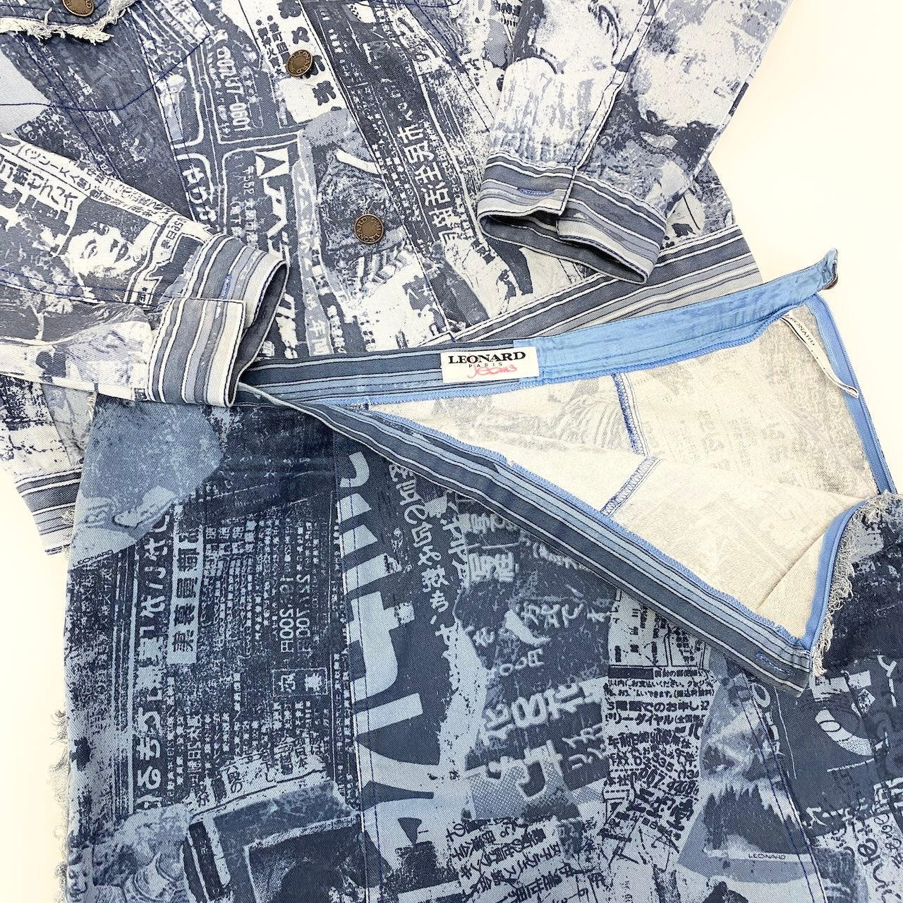 Ad15 LEONARD レオナール ニュースペーパープリント セットアップ Newspaper Print Setup サイズL インディゴ Vintaget18r
