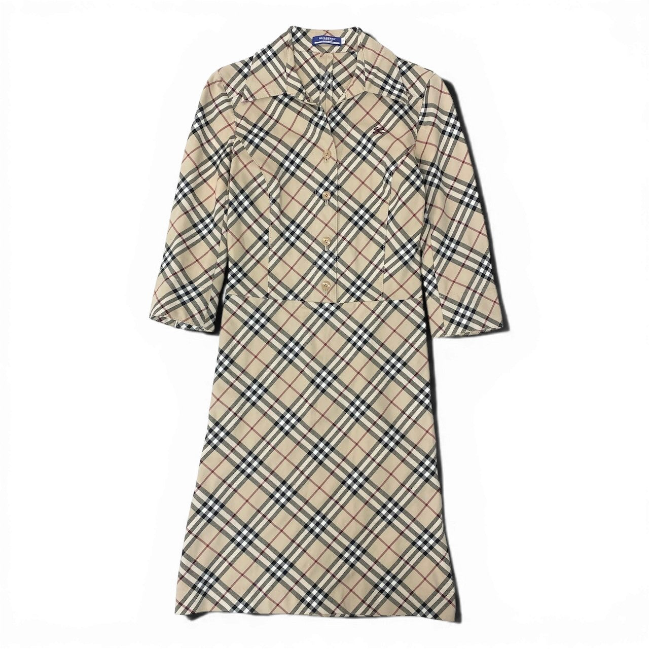 46e11 BURBERRY LONDON BLUE LABEL バーバリー ブルーレーベル ノバチェック オープンカラーシャツワンピース 七分袖 ストレッチ素材 サイズ38 ベージュ レディース 女性服o07t