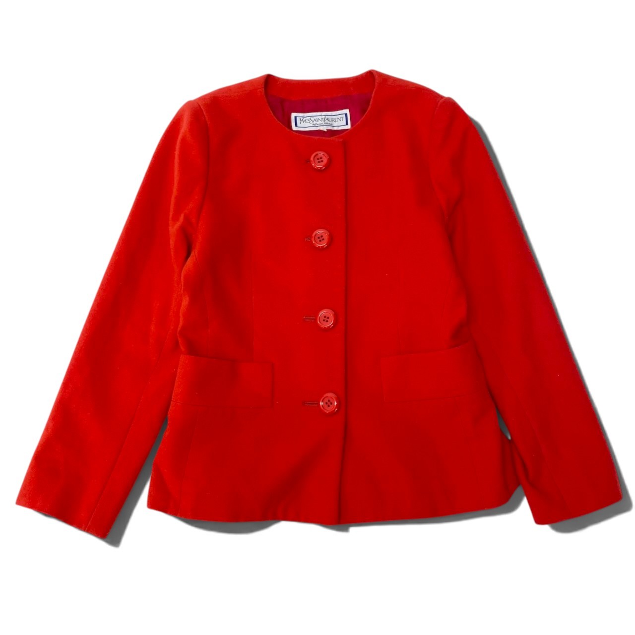 29h31 YVES SAINT LAURENT イヴサンローラン ノーカラージャケット ウールジャケット サイズ 9A3 レッド レディースo07t