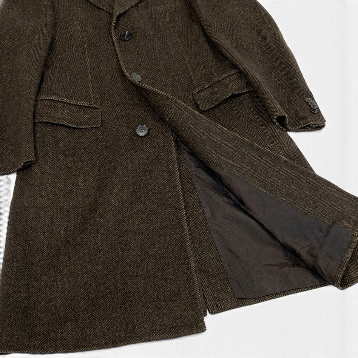 32j14 Zegna ゼニア ロングチェスターコート ウールコート ヘリンボーン アウター 48Rサイズ ブラウン ウール100％ メンズ 男性用u02t