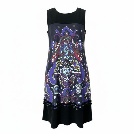 17c2 【美品】 TOKUKO 1er VOL トクコプルミエヴォル ノースリーブワンピース ロングワンピース 総柄 フリル ストレッチ レディース 女性服 サイズ9 ブラックu02t