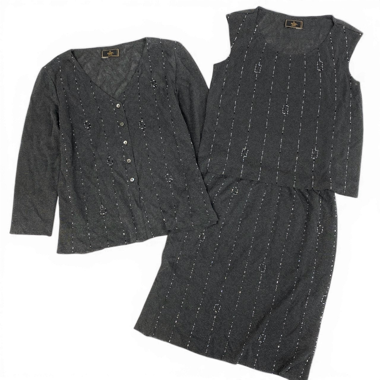 Id10 Vintage FENDI フェンディ ビジュー FFロゴ ニットセットアップ ３点セット 46 グレー系u02t