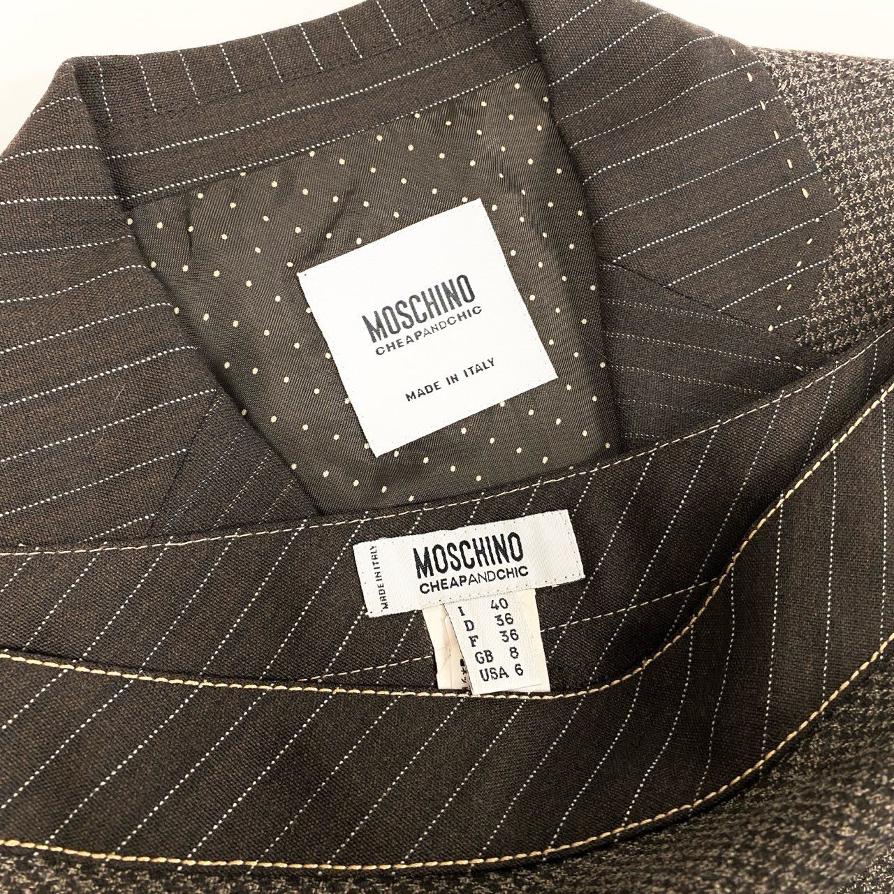 30b11【美品】MOSCHINO モスキーノ スカートセットアップ ジャケット プリーツスカート パッチワークデザイン Sサイズ相当/40サイズ ブラウン系 画像参照 レディース 女性用u02t