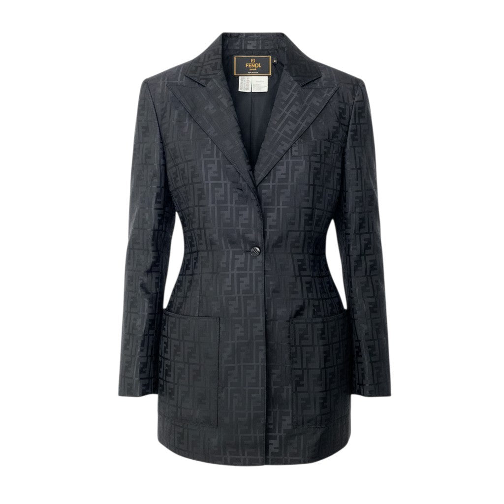 28c11 FENDI フェンディ ズッカ柄テーラードジャケット ロゴジャケット コート アウター 42サイズ ブラック レディース 女性用u02t