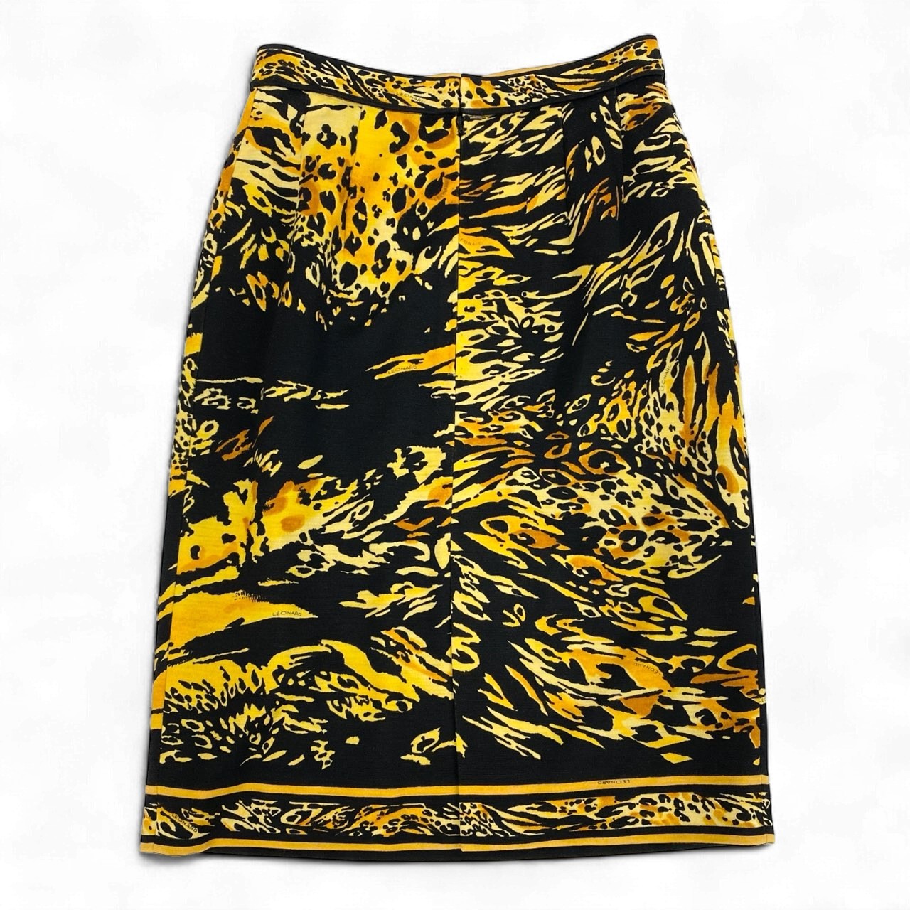 3k19 LEONARD FASHION レオナール タイトスカート ひざ丈スカート 総柄プリント レディース 女性用 63－90 ブラック イエロー ウール100％u02t