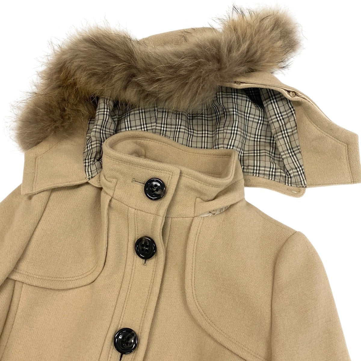 j23 BURBERRY BLUE LABEL スタンドカラーフーディーウールコート アウター 38サイズ ベージュ レディース 女性用u02t