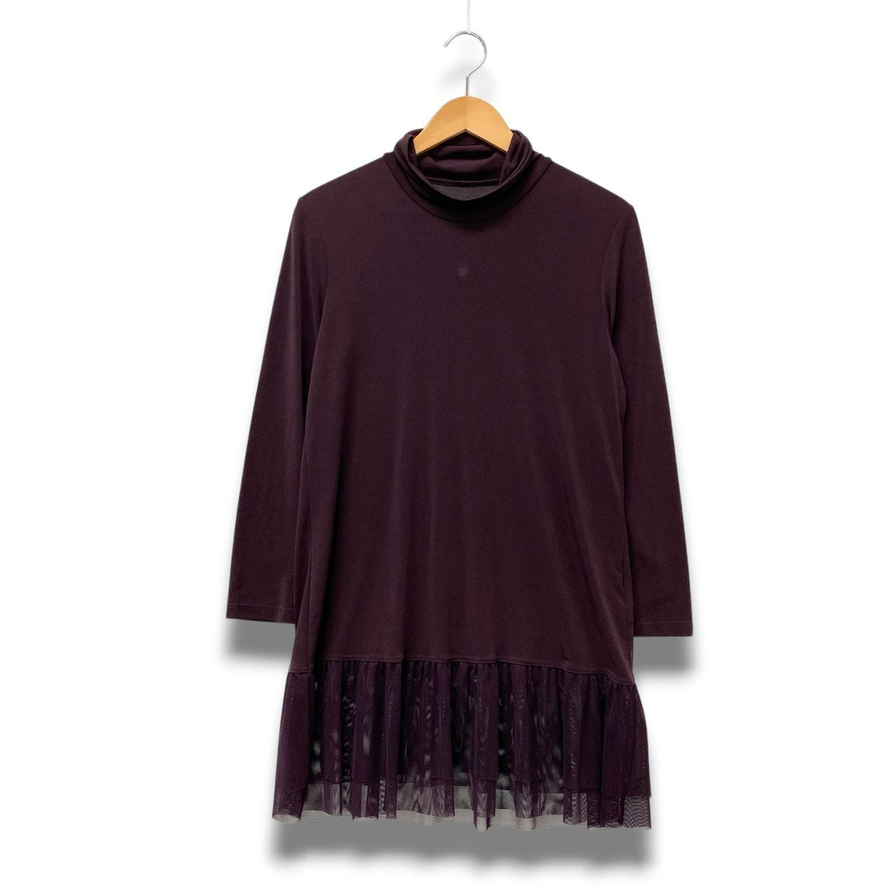 15c2 CHADORIAN チャドリアン ハイネックワンピース 膝丈 メッシュフリル切替 レディース 女性服 日本製 L パープルu02t