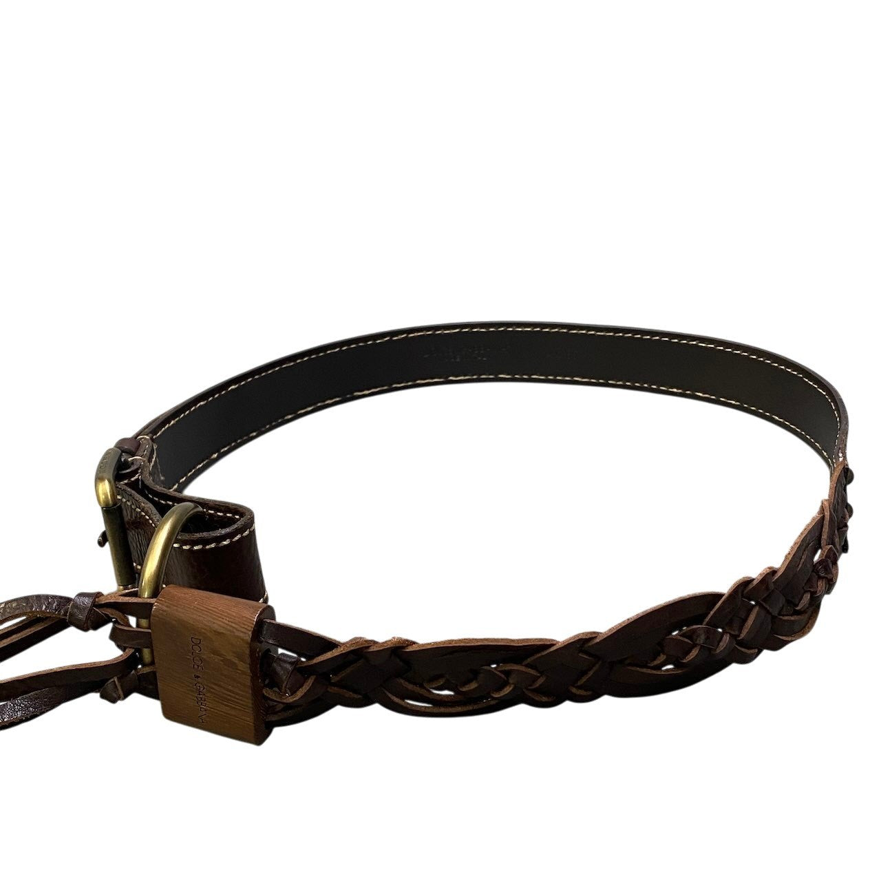 e16 DOLCE&GABBANA ドルチェアンドガッパーナ メッシュベルト フリンジ レザーベルト 40サイズ ブラウン レザー レディース 女性用u02t
