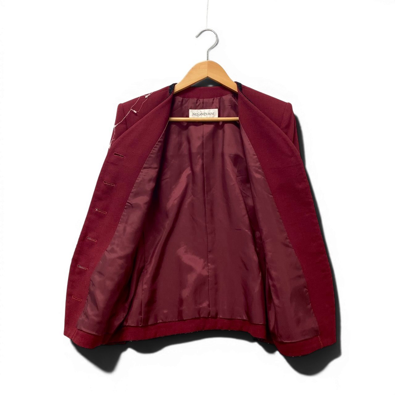 3g2 YVES SAINT LAURENT イヴサンローラン ノーカラージャケット ウールジャケット 編み込みトリム サイズ36 ワインレッド レディース 女性用u02t