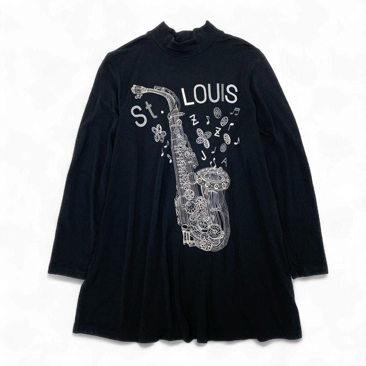 18k20 TOKUKO 1er VOL トクコプルミエヴォル モックネック チュニックワンピース 長袖 ストレッチ○ 楽器 プリント レディース 女性用 9 ブラックu02t