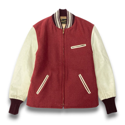 74c20 CUSHMAN クッシュマン 袖レザー 裏キルティング ウールスタジャン サイズM ボルドー クリーム メンズ アウター レザースタジャン アメカジk02i