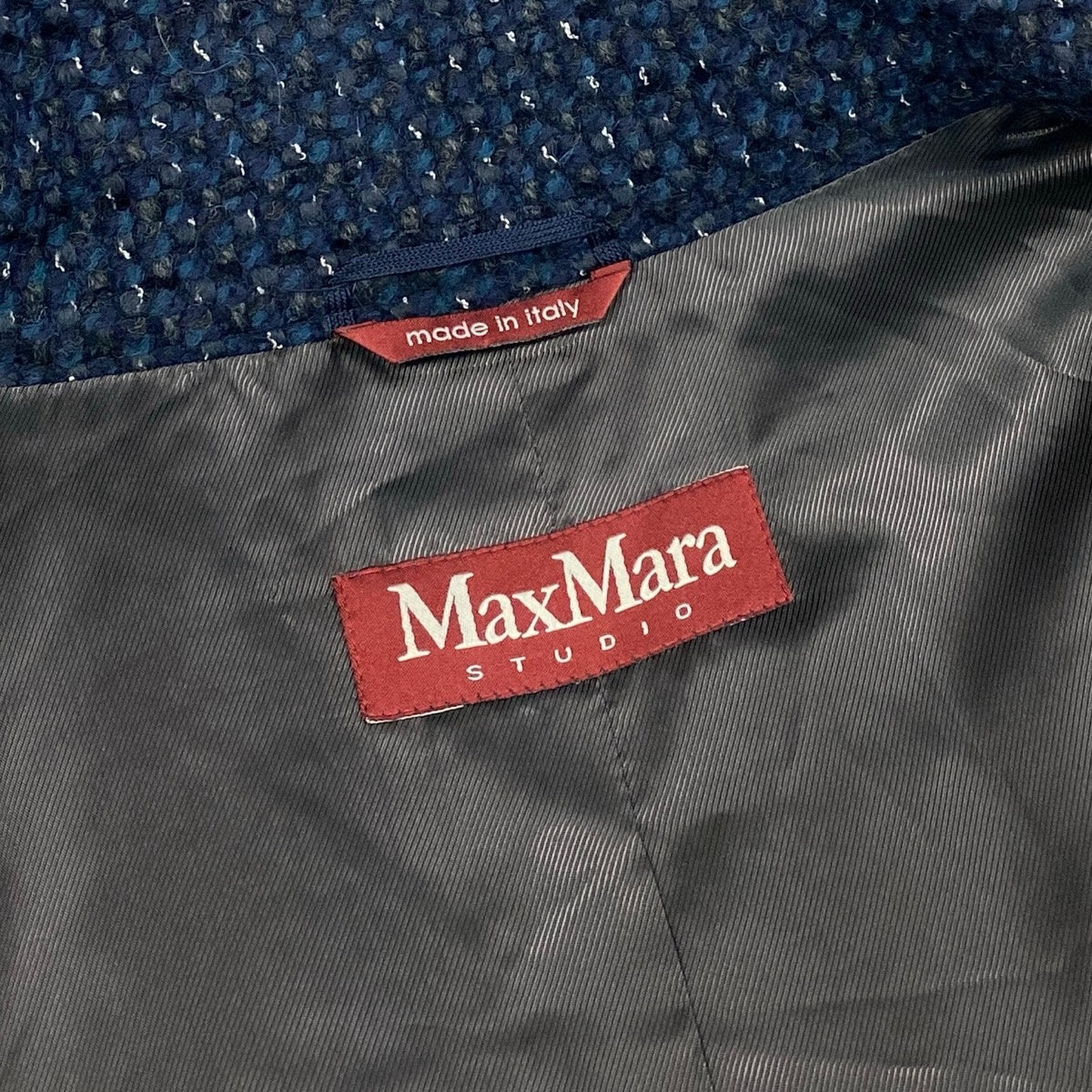 j23 【美品】MaxMara ツイードスタンドカラーコート アウター イタリア製 42サイズ ネイビー レディース 女性用u02t