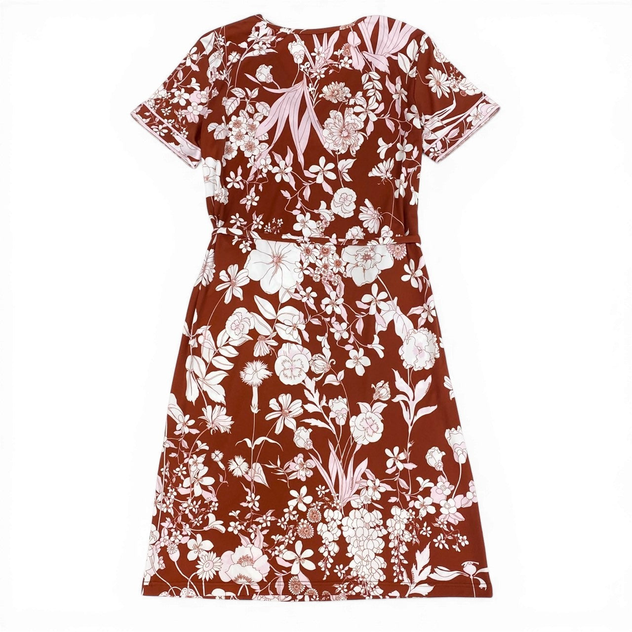 68d13 【極美品】 LEONARD PARIS レオナール ショートスリーブワンピース 膝丈ワンピース 美しい花柄プリント Vネック イタリア製 サイズ38 レッド系 ナイロン100％ レディース 女性用u02t