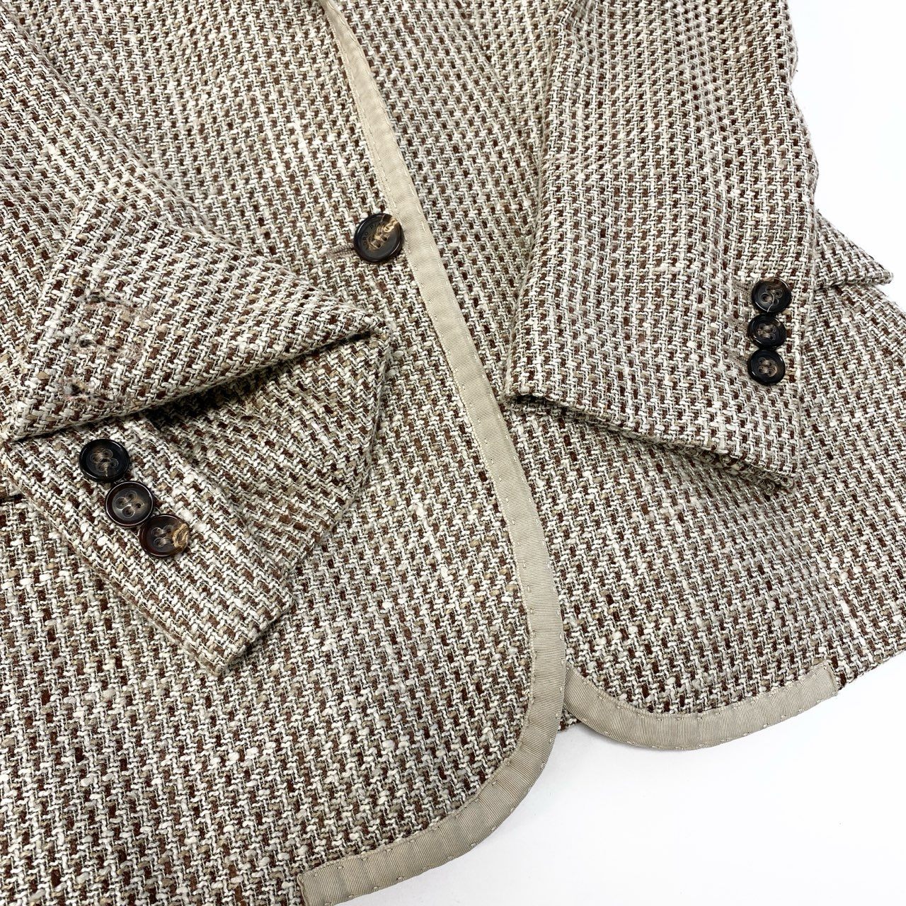 64a28 Loro Piana ロロピアーナ サマーツイードテーラードジャケット パイピング シルク混 イタリア製 38サイズ ベージュ系 レディース 女性用u02t