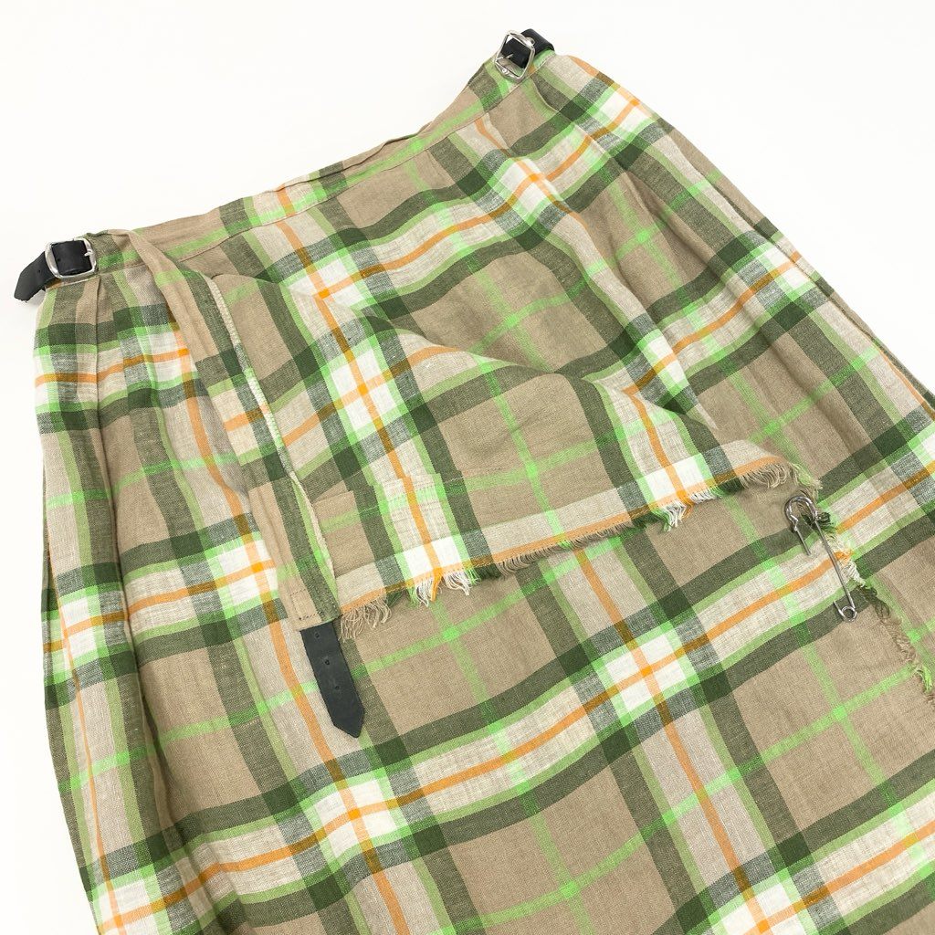 67a12 《美品》 O’NEIL OF DUBLIN オニールオブダブリン 定番 チェック柄 巻きスカート 膝下スカート クリップ付き 42 グリーン ベージュ リネン レディース 女性用u02t